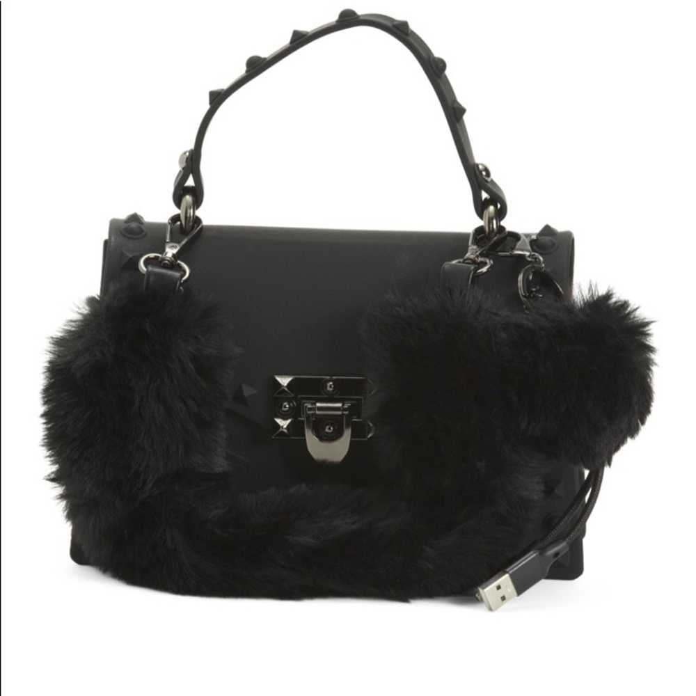 New Most Wanted black satchel w/faux fur handle w/removable crossbody strap.
